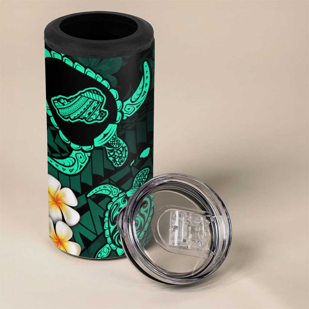 Hawaii Kahoolawe Islands Pacific Plumeria 4 in 1 Can Cooler Tumbler Turquoise Polynesian Tattoo