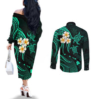 Polynesian Hawaii Couples Off The Shoulder Long Sleeve Dress and Long Sleeve Button Shirts Kahoolawe Islands with Pacific Plumeria Turquoise Vibe LT9 - Polynesian Pride