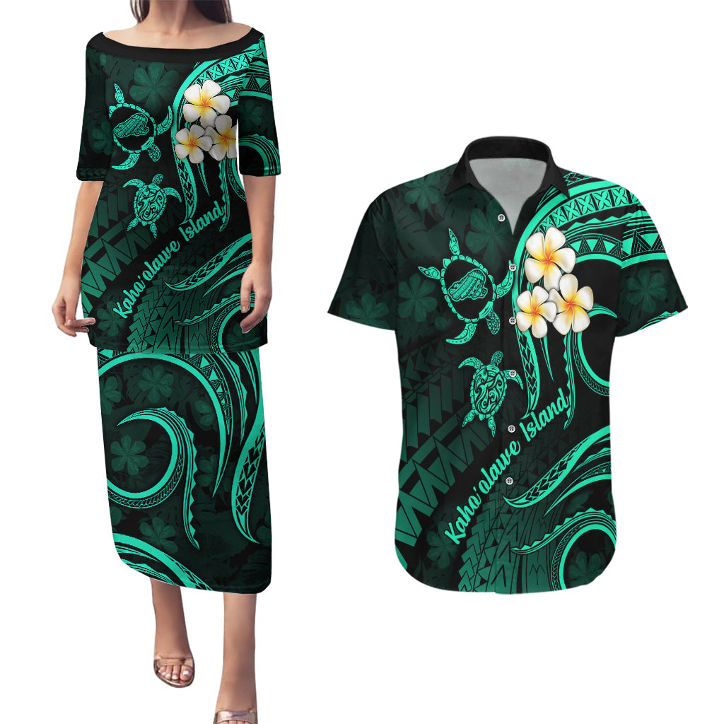 Polynesian Hawaii Couples Puletasi Dress and Hawaiian Shirt Kahoolawe Islands with Pacific Plumeria Turquoise Vibe LT9 Turquoise - Polynesian Pride