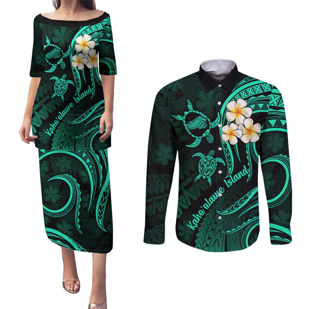 Polynesian Hawaii Couples Puletasi Dress and Long Sleeve Button Shirts Kahoolawe Islands with Pacific Plumeria Turquoise Vibe LT9 Turquoise - Polynesian Pride