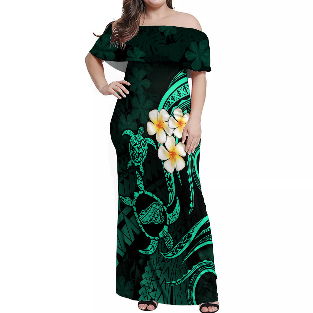 Polynesian Hawaii Off Shoulder Maxi Dress Kahoolawe Islands with Pacific Plumeria Turquoise Vibe LT9 Women Turquoise - Polynesian Pride