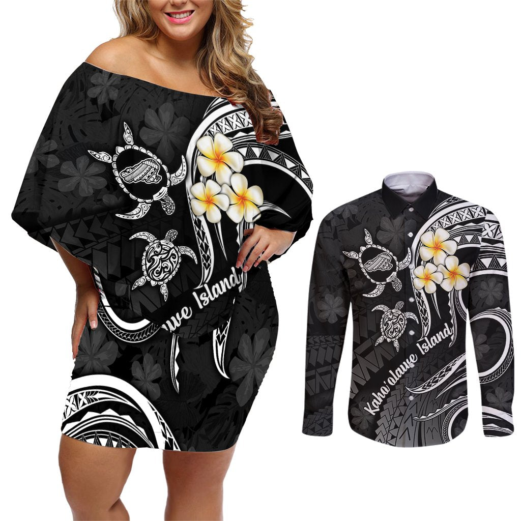 Polynesian Hawaii Couples Off Shoulder Short Dress and Long Sleeve Button Shirts Kahoolawe Islands with Pacific Plumeria White Vibe LT9 White - Polynesian Pride