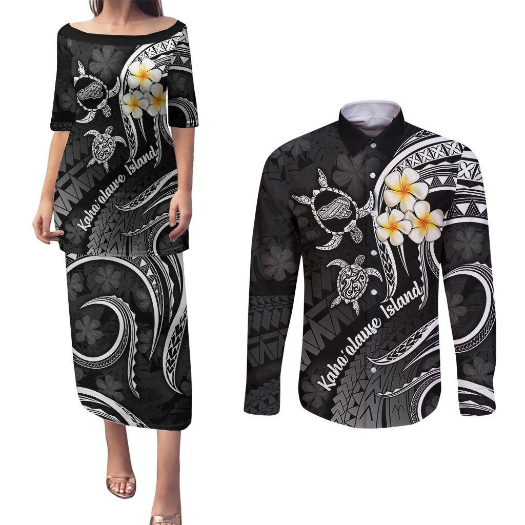 Polynesian Hawaii Couples Puletasi Dress and Long Sleeve Button Shirts Kahoolawe Islands with Pacific Plumeria White Vibe LT9 White - Polynesian Pride