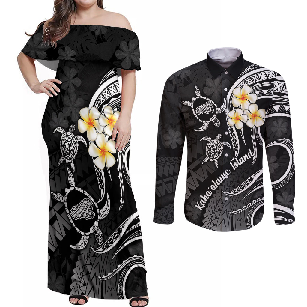 Polynesian Hawaii Couples Off Shoulder Maxi Dress and Long Sleeve Button Shirts Kahoolawe Islands with Pacific Plumeria White Vibe LT9 White - Polynesian Pride
