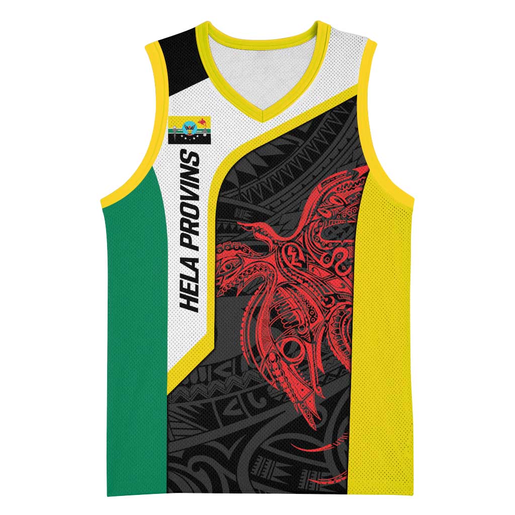 Personalised PNG Hela Province Basketball Jersey Bird of Paradise Tattoo Flag Motif - Polynesian Pride