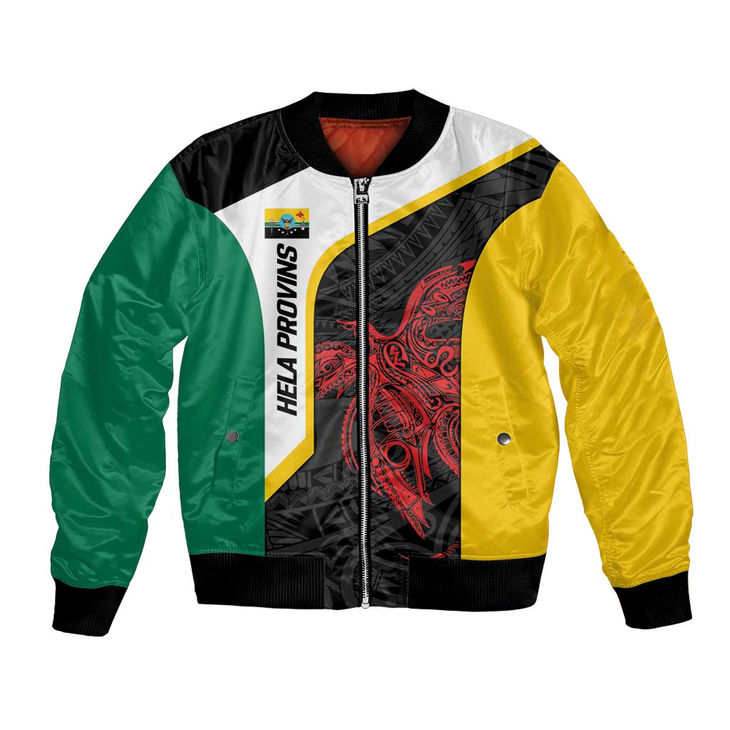 Personalised PNG Hela Province Bomber Jacket Bird of Paradise Tattoo Flag Motif - Polynesian Pride