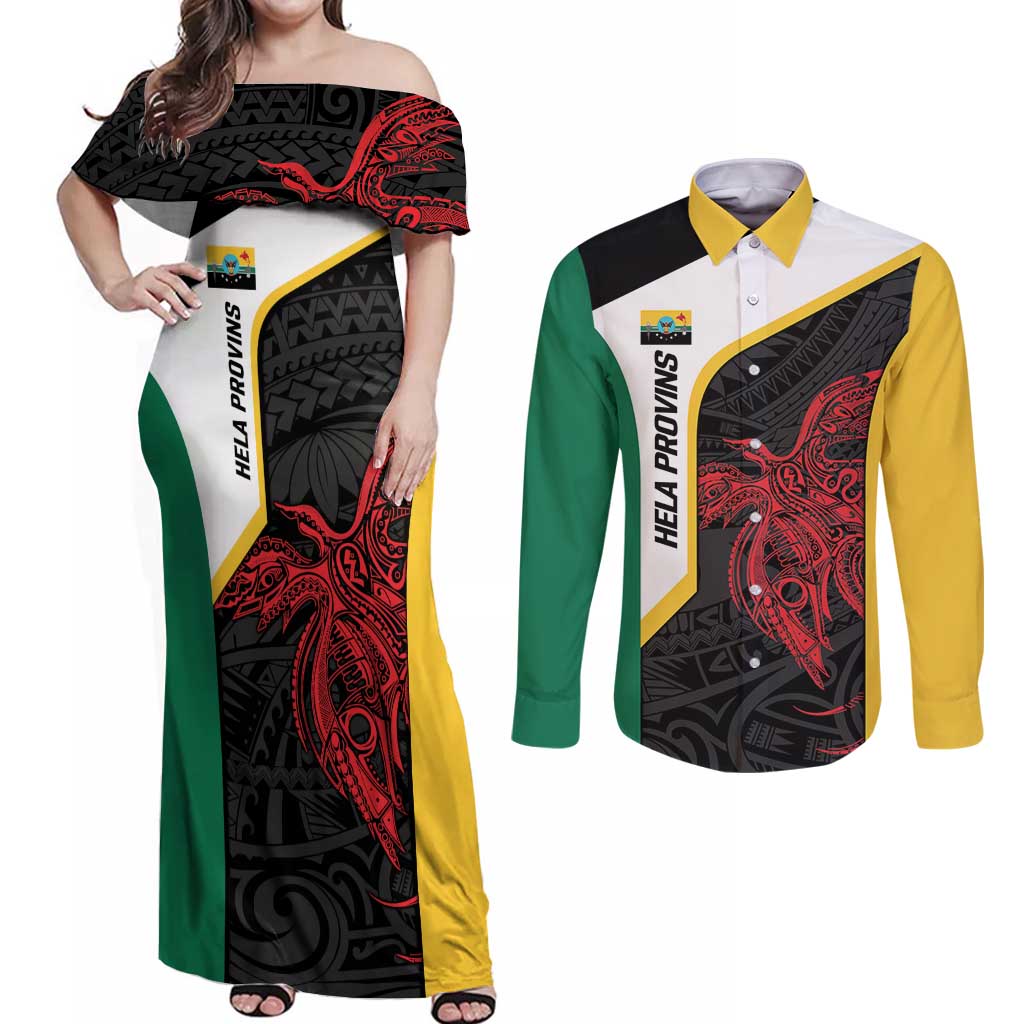 Personalised PNG Hela Province Couples Matching Off Shoulder Maxi Dress and Long Sleeve Button Shirt Bird of Paradise Tattoo Flag Motif LT9 Yellow - Polynesian Pride