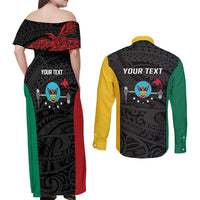 Personalised PNG Hela Province Couples Matching Off Shoulder Maxi Dress and Long Sleeve Button Shirt Bird of Paradise Tattoo Flag Motif LT9 - Polynesian Pride