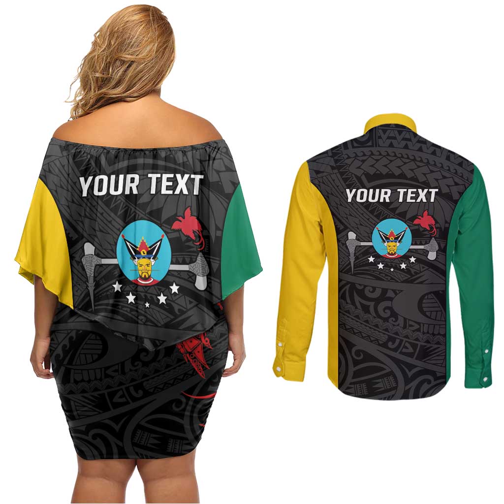 Personalised PNG Hela Province Couples Matching Off Shoulder Short Dress and Long Sleeve Button Shirt Bird of Paradise Tattoo Flag Motif LT9 - Polynesian Pride