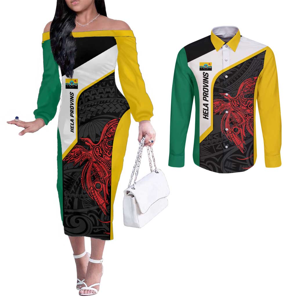 Personalised PNG Hela Province Couples Matching Off The Shoulder Long Sleeve Dress and Long Sleeve Button Shirt Bird of Paradise Tattoo Flag Motif LT9 Yellow - Polynesian Pride