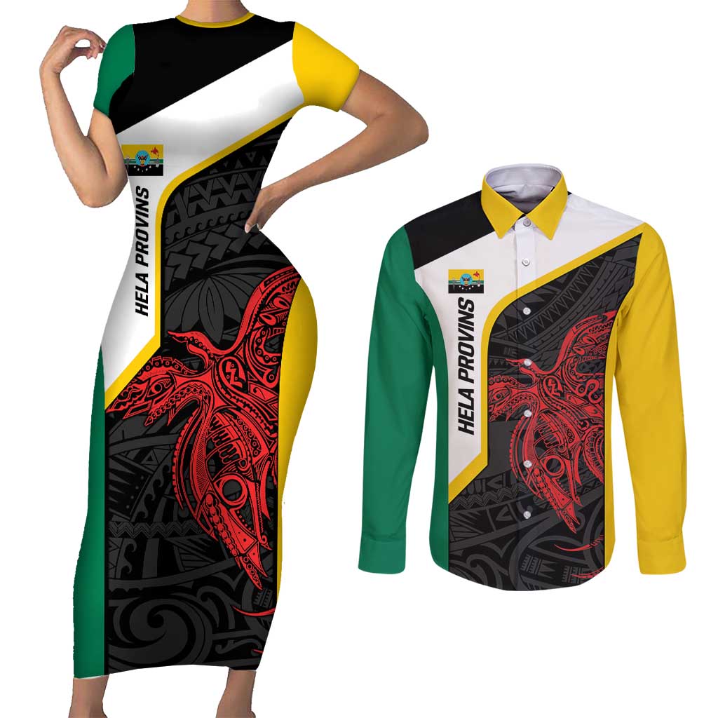 Personalised PNG Hela Province Couples Matching Short Sleeve Bodycon Dress and Long Sleeve Button Shirt Bird of Paradise Tattoo Flag Motif LT9 Yellow - Polynesian Pride