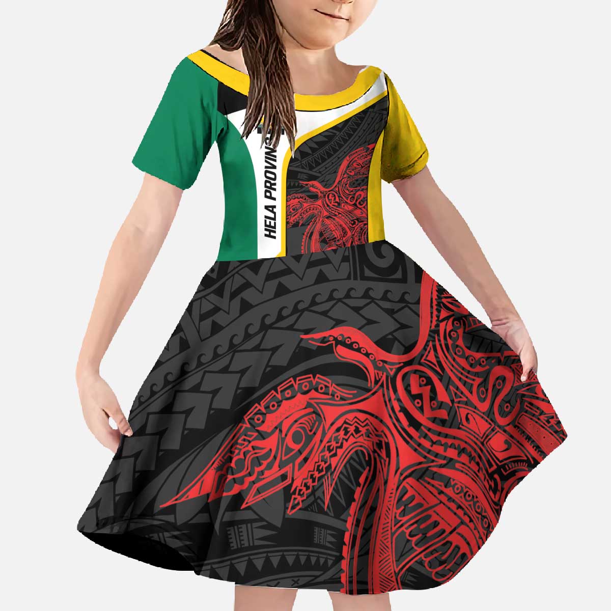 Personalised PNG Hela Province Family Matching Off The Shoulder Long Sleeve Dress and Hawaiian Shirt Bird of Paradise Tattoo Flag Motif LT9 Daughter's Dress Yellow - Polynesian Pride