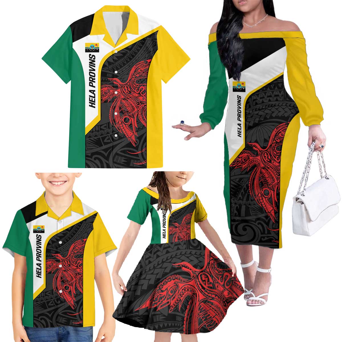 Personalised PNG Hela Province Family Matching Off The Shoulder Long Sleeve Dress and Hawaiian Shirt Bird of Paradise Tattoo Flag Motif LT9 - Polynesian Pride