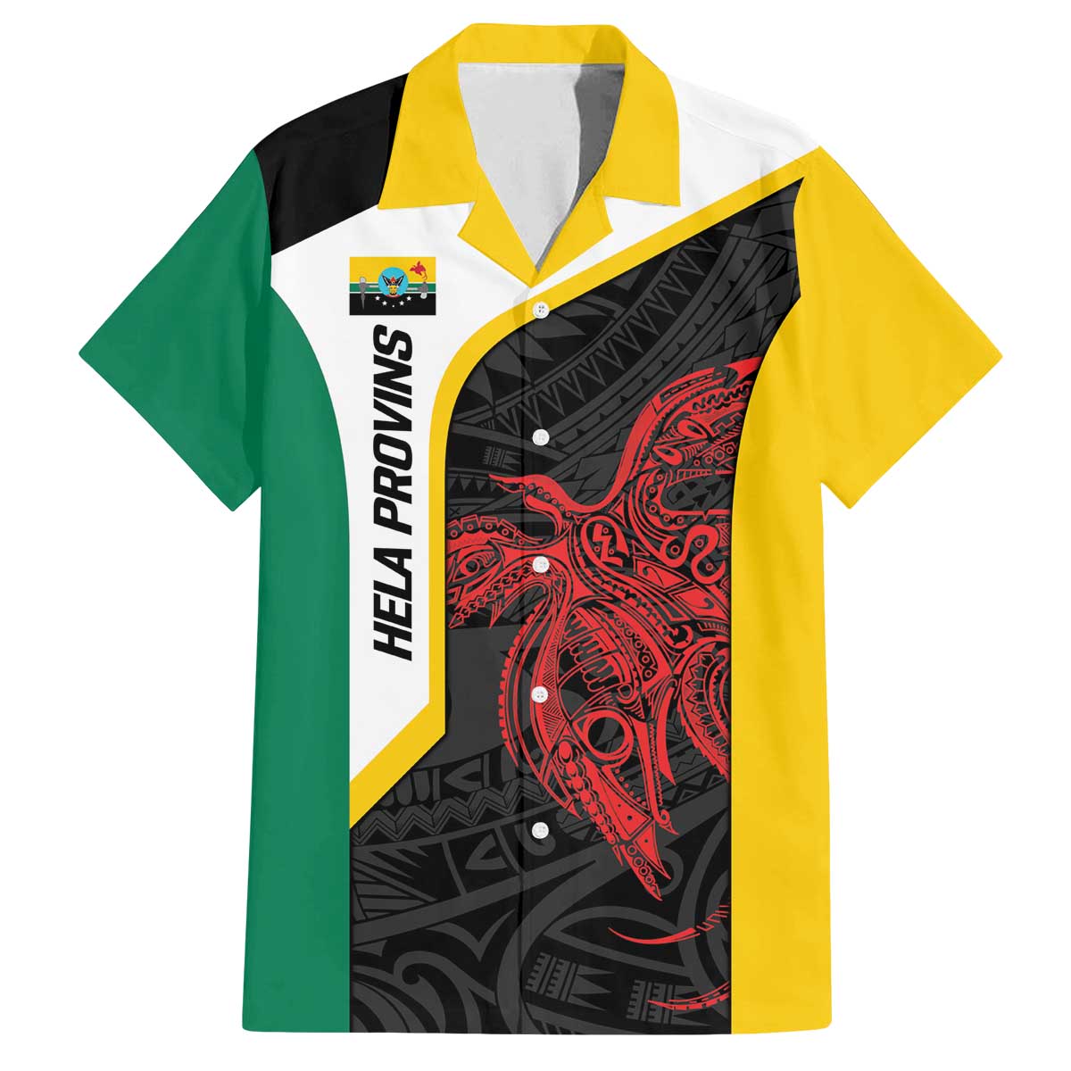 Personalised PNG Hela Province Family Matching Off The Shoulder Long Sleeve Dress and Hawaiian Shirt Bird of Paradise Tattoo Flag Motif LT9 Dad's Shirt - Short Sleeve Yellow - Polynesian Pride