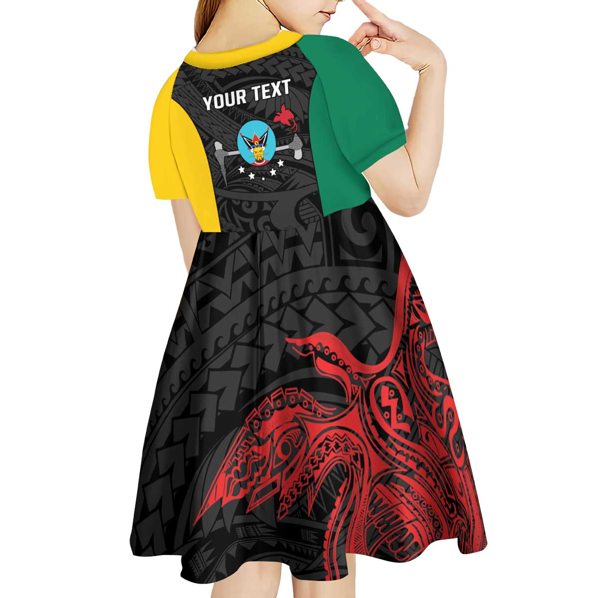 Personalised PNG Hela Province Kid Short Sleeve Dress Bird of Paradise Tattoo Flag Motif - Polynesian Pride