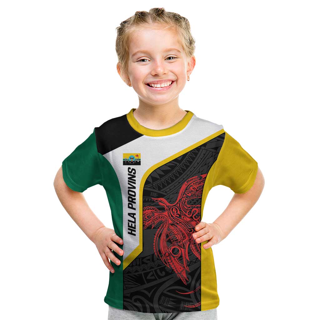 Personalised PNG Hela Province Kid T Shirt Bird of Paradise Tattoo Flag Motif - Polynesian Pride