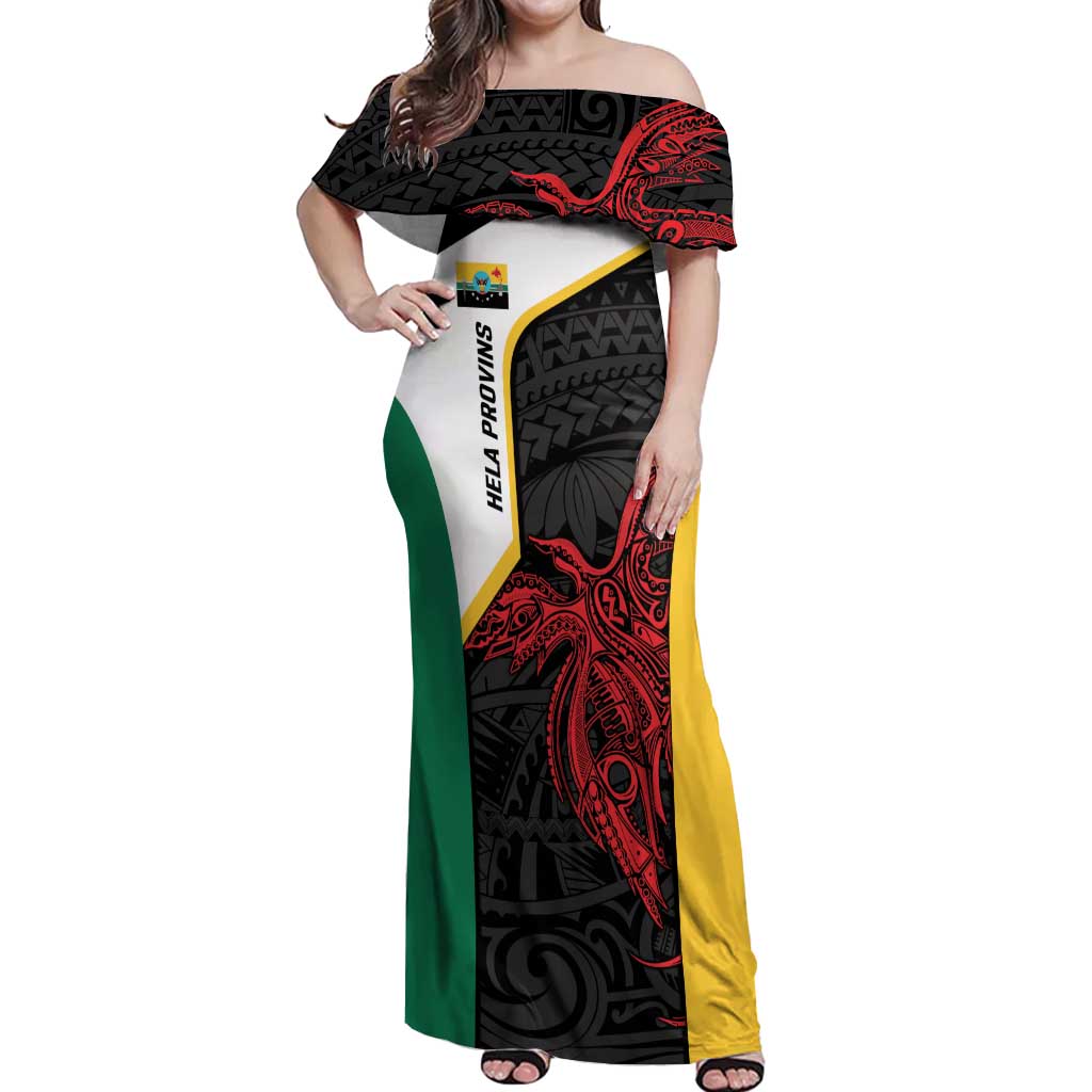 Personalised PNG Hela Province Off Shoulder Maxi Dress Bird of Paradise Tattoo Flag Motif - Polynesian Pride