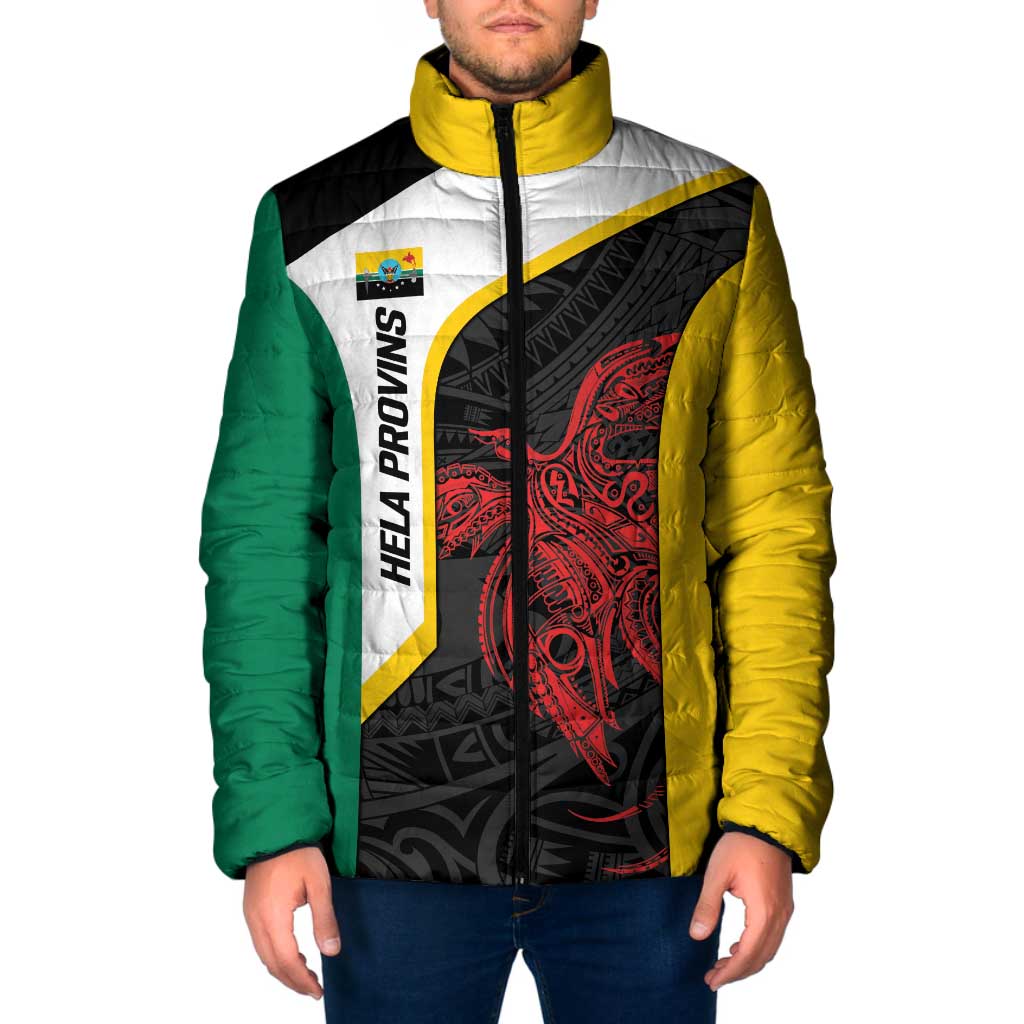 Personalised PNG Hela Province Padded Jacket Bird of Paradise Tattoo Flag Motif - Polynesian Pride