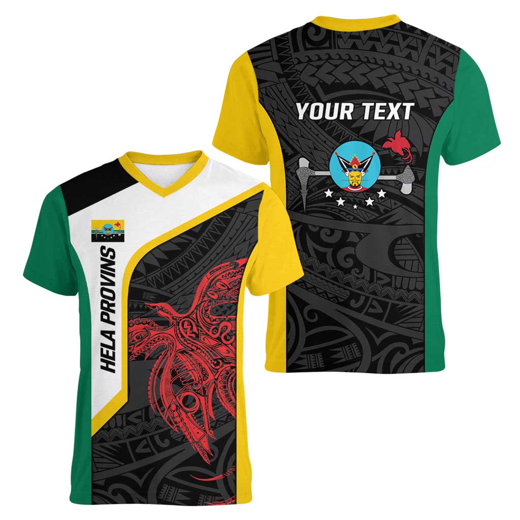 Personalised PNG Hela Province Women V-Neck T-Shirt Bird of Paradise Tattoo Flag Motif LT9 - Polynesian Pride
