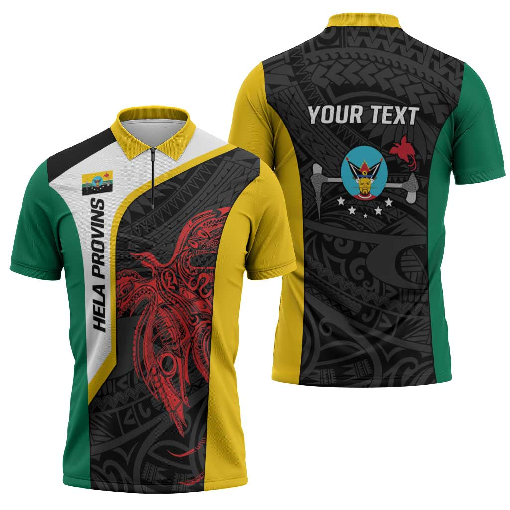 Personalised PNG Hela Province Zipper Polo Shirt Bird of Paradise Tattoo Flag Motif - Polynesian Pride