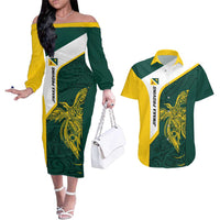 Personalised PNG Jiwaka Province Couples Matching Off The Shoulder Long Sleeve Dress and Hawaiian Shirt Bird of Paradise Tattoo Flag Motif LT9 Green - Polynesian Pride