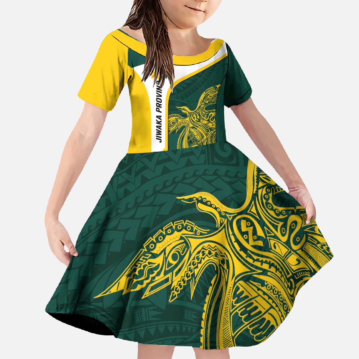 Personalised PNG Jiwaka Province Family Matching Off The Shoulder Long Sleeve Dress and Hawaiian Shirt Bird of Paradise Tattoo Flag Motif LT9 Daughter's Dress Green - Polynesian Pride
