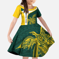 Personalised PNG Jiwaka Province Family Matching Off The Shoulder Long Sleeve Dress and Hawaiian Shirt Bird of Paradise Tattoo Flag Motif LT9 Daughter's Dress Green - Polynesian Pride