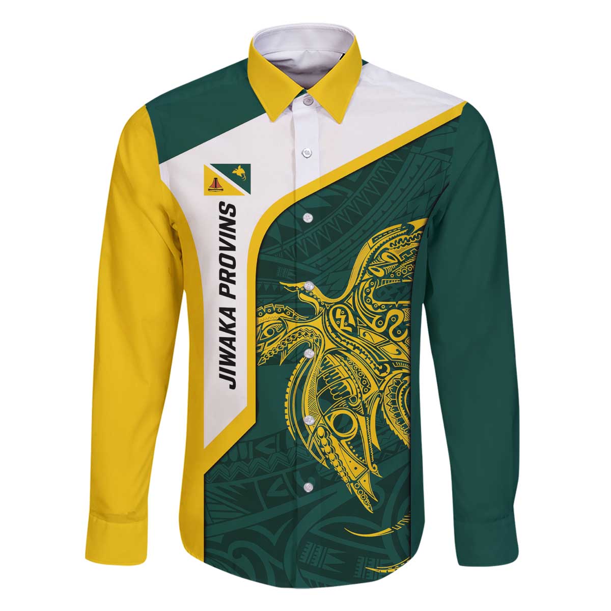 Personalised PNG Jiwaka Province Family Matching Off The Shoulder Long Sleeve Dress and Hawaiian Shirt Bird of Paradise Tattoo Flag Motif LT9 Dad's Shirt - Long Sleeve Green - Polynesian Pride