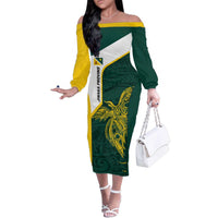 Personalised PNG Jiwaka Province Family Matching Off The Shoulder Long Sleeve Dress and Hawaiian Shirt Bird of Paradise Tattoo Flag Motif LT9 Mom's Dress Green - Polynesian Pride