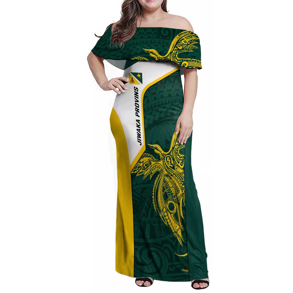 Personalised PNG Jiwaka Province Family Matching Off Shoulder Maxi Dress and Hawaiian Shirt Bird of Paradise Tattoo Flag Motif - Polynesian Pride