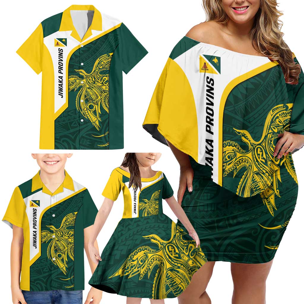 Personalised PNG Jiwaka Province Family Matching Off Shoulder Short Dress and Hawaiian Shirt Bird of Paradise Tattoo Flag Motif LT9 - Polynesian Pride