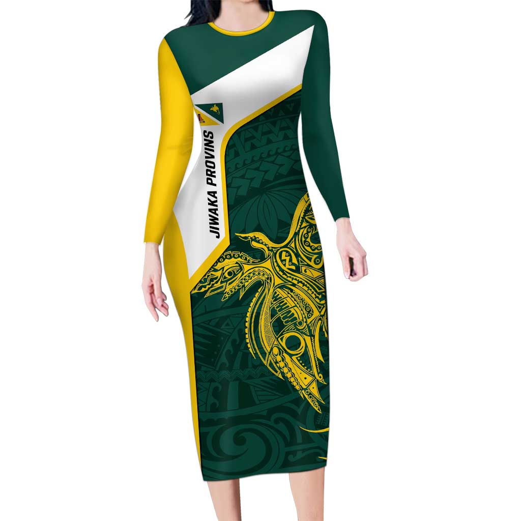 Personalised PNG Jiwaka Province Long Sleeve Bodycon Dress Bird of Paradise Tattoo Flag Motif - Polynesian Pride
