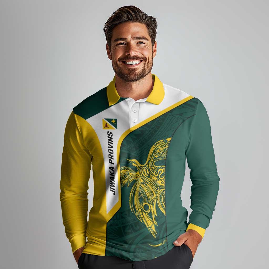 Personalised PNG Jiwaka Province Long Sleeve Polo Shirt Bird of Paradise Tattoo Flag Motif LT9 - Polynesian Pride