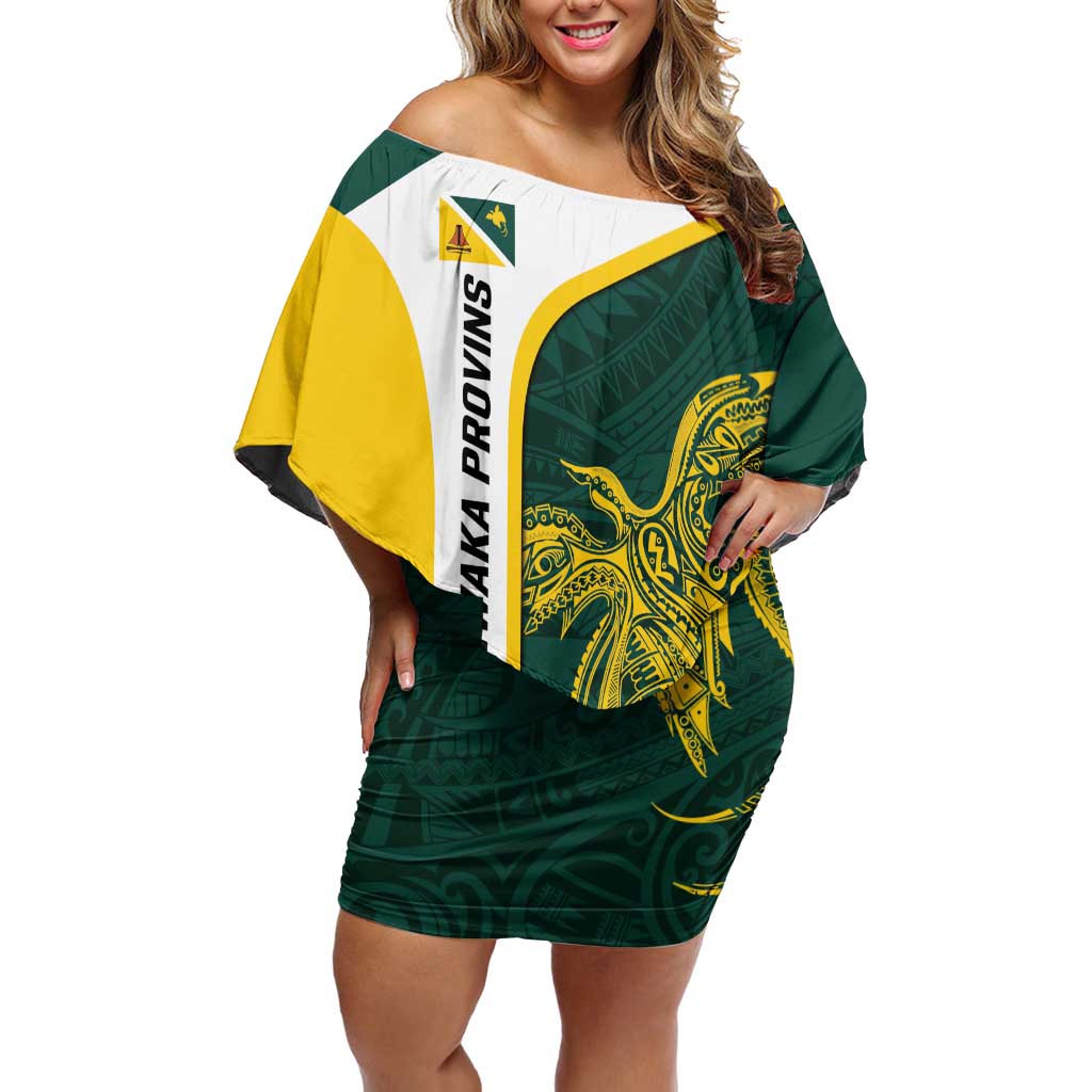 Personalised PNG Jiwaka Province Off Shoulder Short Dress Bird of Paradise Tattoo Flag Motif - Polynesian Pride