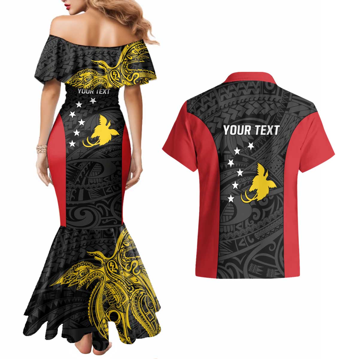 Personalised PNG Sandaun Province Couples Matching Mermaid Dress and Hawaiian Shirt Bird of Paradise Tattoo Flag Motif LT9 - Polynesian Pride