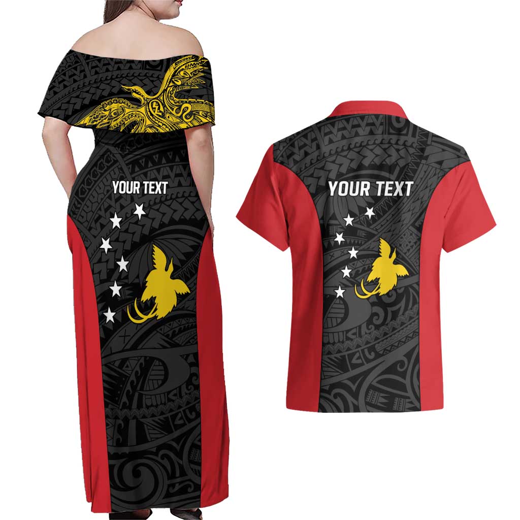 Personalised PNG Sandaun Province Couples Matching Off Shoulder Maxi Dress and Hawaiian Shirt Bird of Paradise Tattoo Flag Motif LT9 - Polynesian Pride
