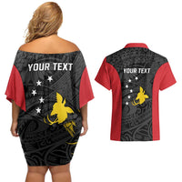 Personalised PNG Sandaun Province Couples Matching Off Shoulder Short Dress and Hawaiian Shirt Bird of Paradise Tattoo Flag Motif LT9 - Polynesian Pride