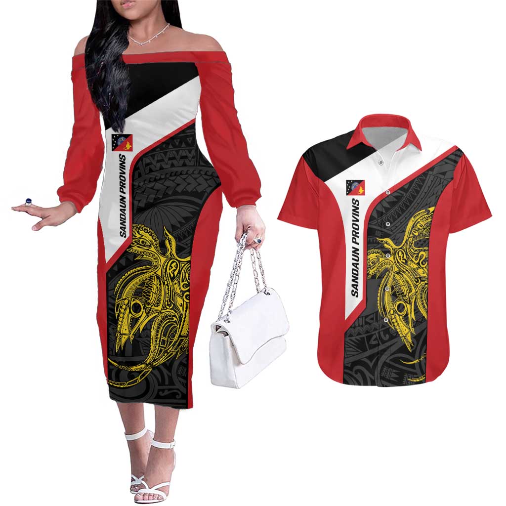 Personalised PNG Sandaun Province Couples Matching Off The Shoulder Long Sleeve Dress and Hawaiian Shirt Bird of Paradise Tattoo Flag Motif LT9 Red - Polynesian Pride