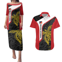 Personalised PNG Sandaun Province Couples Matching Puletasi and Hawaiian Shirt Bird of Paradise Tattoo Flag Motif LT9 Red - Polynesian Pride