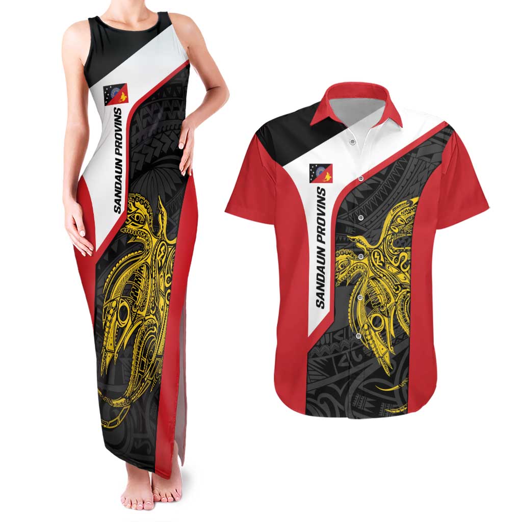 Personalised PNG Sandaun Province Couples Matching Tank Maxi Dress and Hawaiian Shirt Bird of Paradise Tattoo Flag Motif LT9 Red - Polynesian Pride