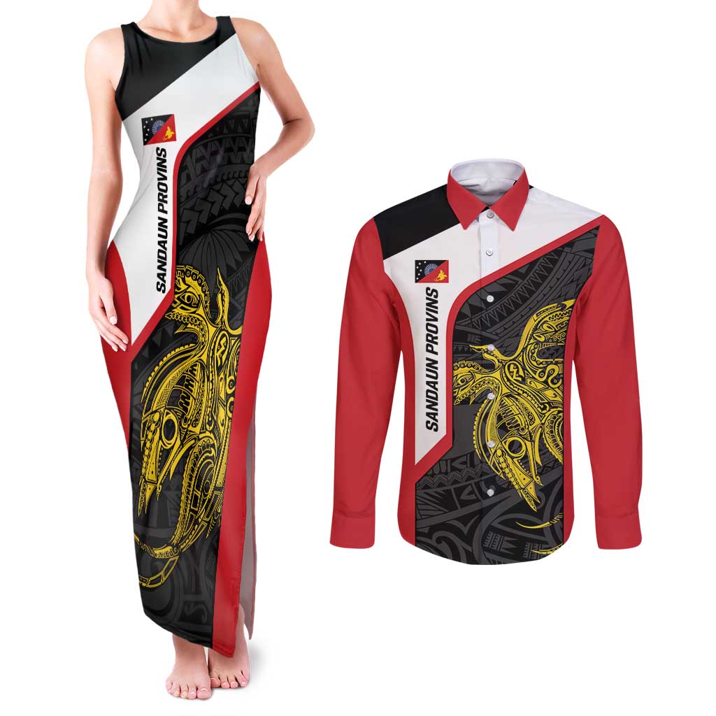 Personalised PNG Sandaun Province Couples Matching Tank Maxi Dress and Long Sleeve Button Shirt Bird of Paradise Tattoo Flag Motif LT9 Red - Polynesian Pride