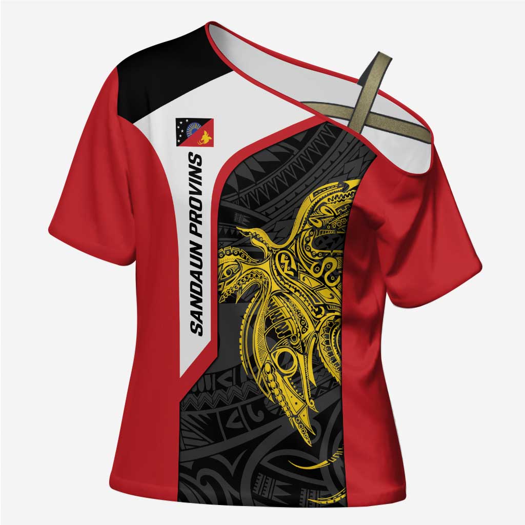Personalised PNG Sandaun Province Cross Shoulder Shirt Bird of Paradise Tattoo Flag Motif - Polynesian Pride