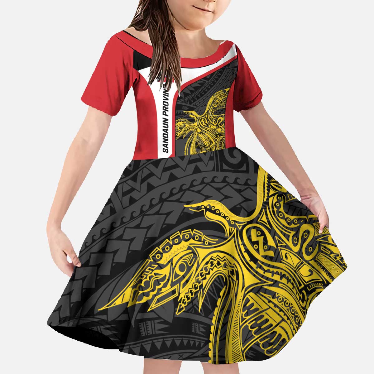 Personalised PNG Sandaun Province Family Matching Off The Shoulder Long Sleeve Dress and Hawaiian Shirt Bird of Paradise Tattoo Flag Motif LT9 Daughter's Dress Red - Polynesian Pride