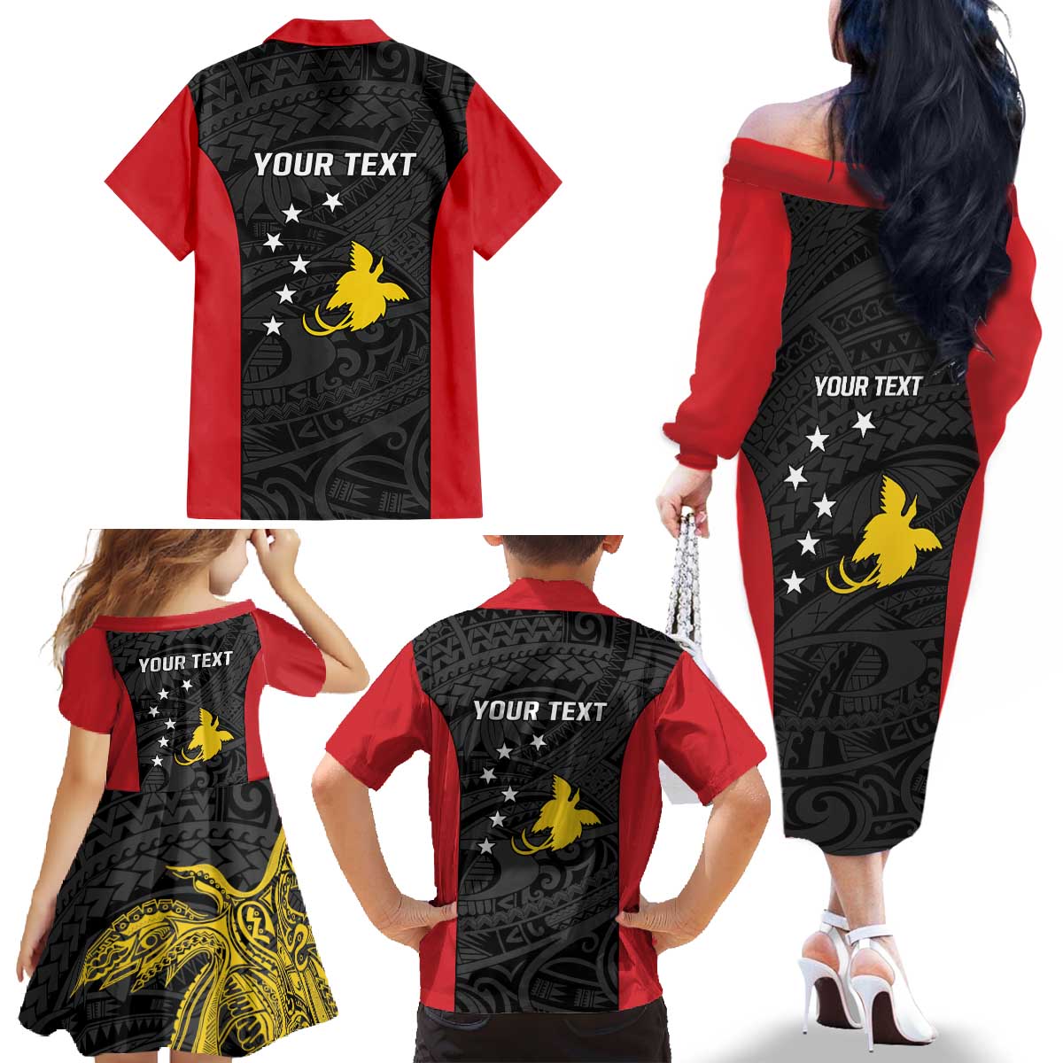 Personalised PNG Sandaun Province Family Matching Off The Shoulder Long Sleeve Dress and Hawaiian Shirt Bird of Paradise Tattoo Flag Motif LT9 - Polynesian Pride