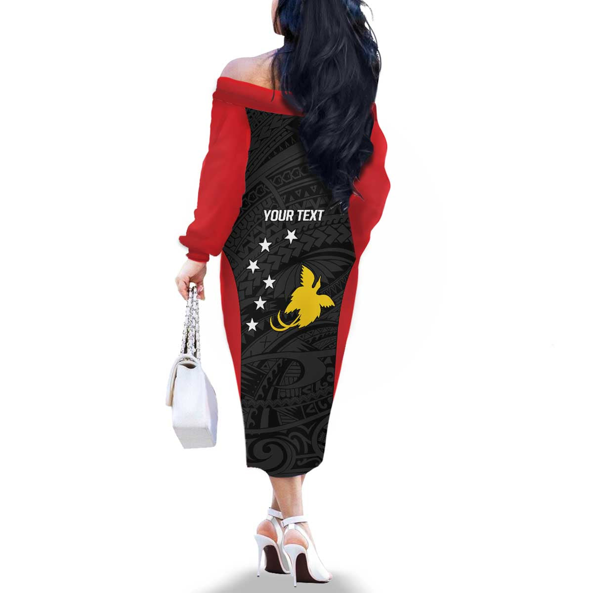 Personalised PNG Sandaun Province Family Matching Off The Shoulder Long Sleeve Dress and Hawaiian Shirt Bird of Paradise Tattoo Flag Motif LT9 - Polynesian Pride