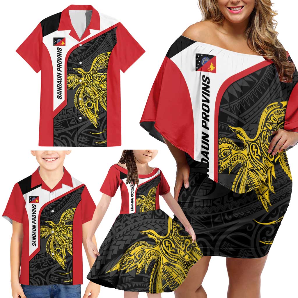 Personalised PNG Sandaun Province Family Matching Off Shoulder Short Dress and Hawaiian Shirt Bird of Paradise Tattoo Flag Motif LT9 - Polynesian Pride