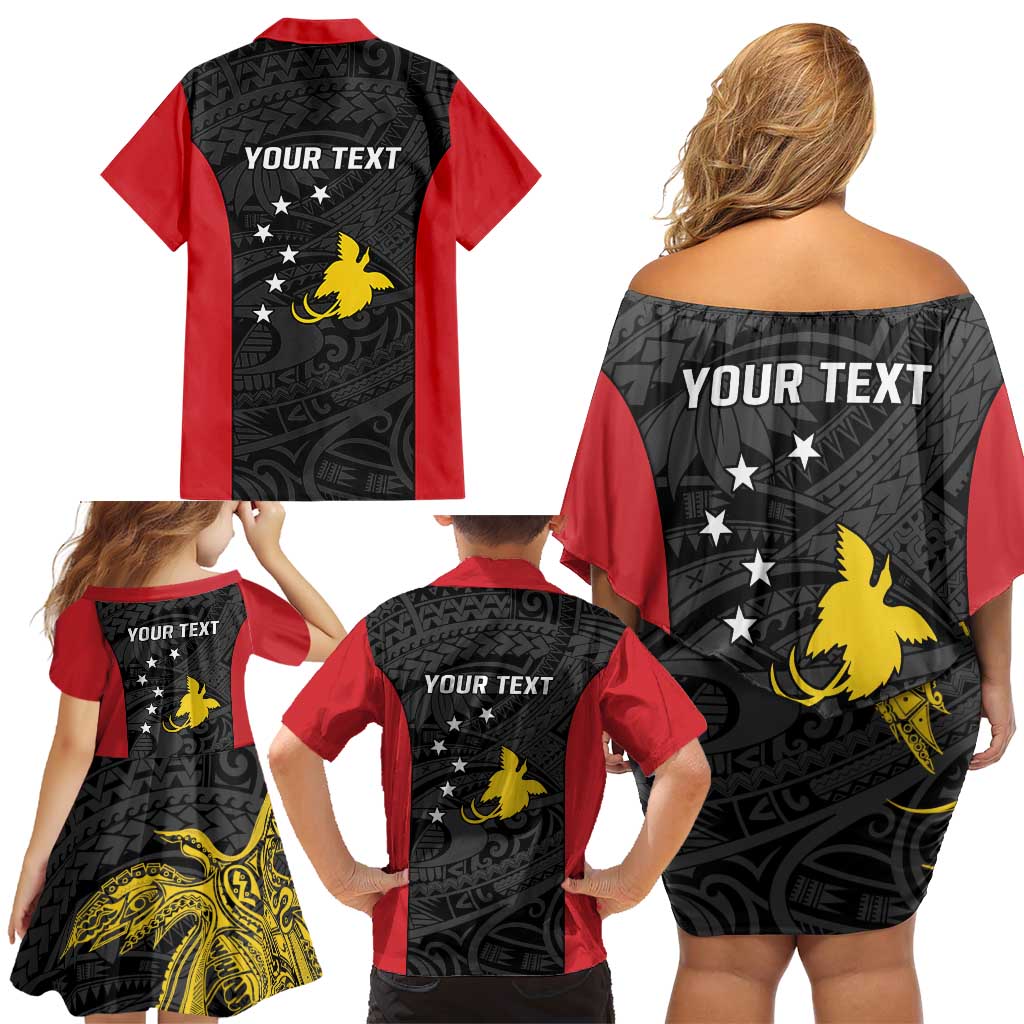 Personalised PNG Sandaun Province Family Matching Off Shoulder Short Dress and Hawaiian Shirt Bird of Paradise Tattoo Flag Motif - Polynesian Pride