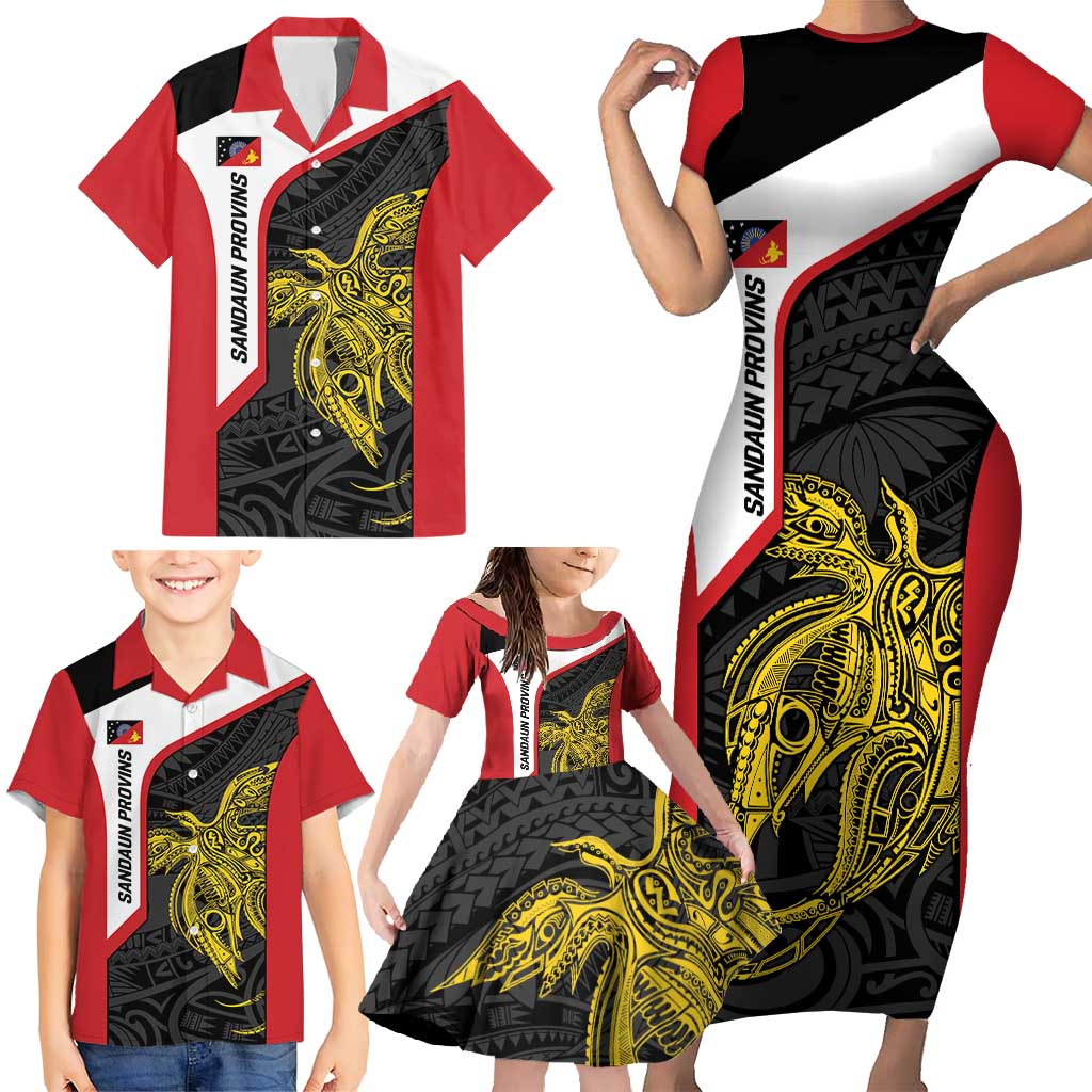 Personalised PNG Sandaun Province Family Matching Short Sleeve Bodycon Dress and Hawaiian Shirt Bird of Paradise Tattoo Flag Motif LT9 - Polynesian Pride