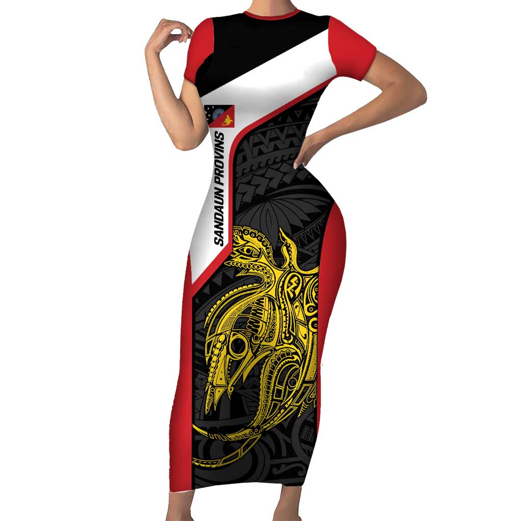 Personalised PNG Sandaun Province Family Matching Short Sleeve Bodycon Dress and Hawaiian Shirt Bird of Paradise Tattoo Flag Motif LT9 Mom's Dress Red - Polynesian Pride
