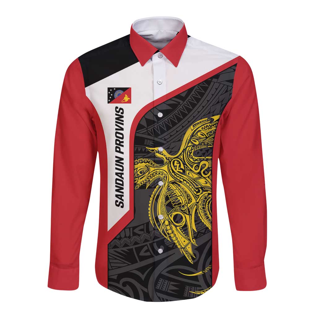 Personalised PNG Sandaun Province Long Sleeve Button Shirt Bird of Paradise Tattoo Flag Motif LT9 Unisex Red - Polynesian Pride